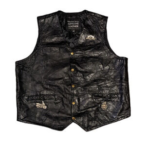 Italian Stone Genuine Leather Snap Front Motorcycle Vest‎ with pins